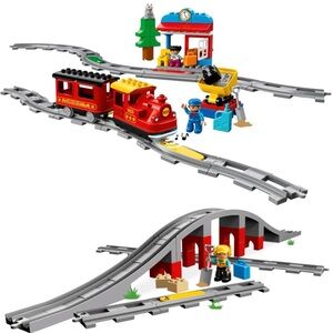 LEGO Duplo Steam Train 10874 and Train Bridge and Tracks 10872 Set